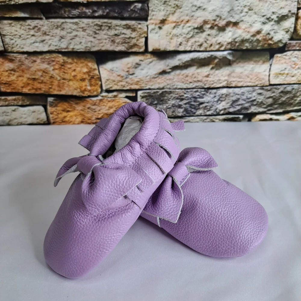 Lilac Bow Leather Moccasins Soft Slip-On Shoes New